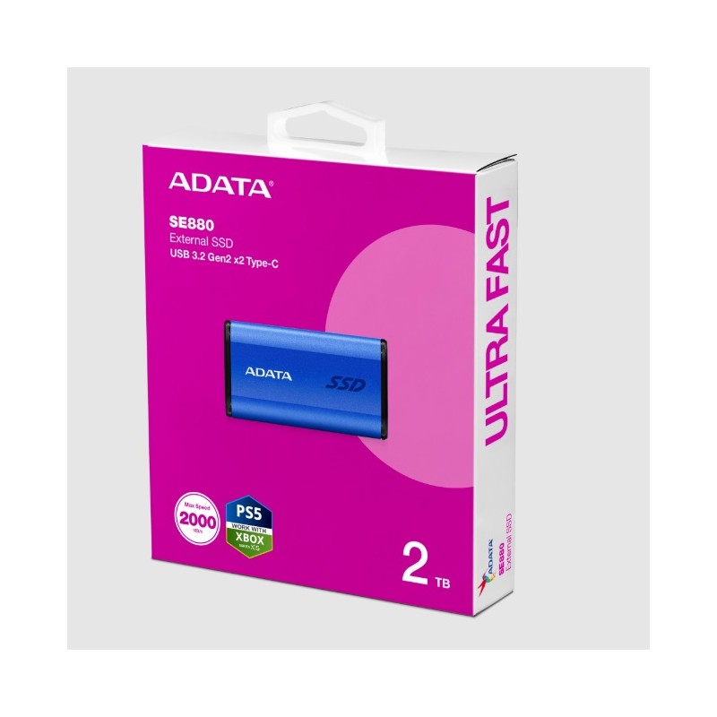 SSD ADATA SE880 SSD Externo ADATA SE880 2TB. Interfaz USB 3.2 Gen 2 X2 Puerto USB-C. Color AZUL. Numero De Parte AELI-SE880-2TCB