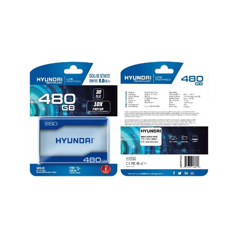 SSD HYUNDAI C2S3T/480G UNIDAD DE ESTADO SOLIDO HYUNDAI C2S3T/480G RAPIDA TRANSMISION DE DATOS 480GB Internal SSD 2.5 PULGADAS SA