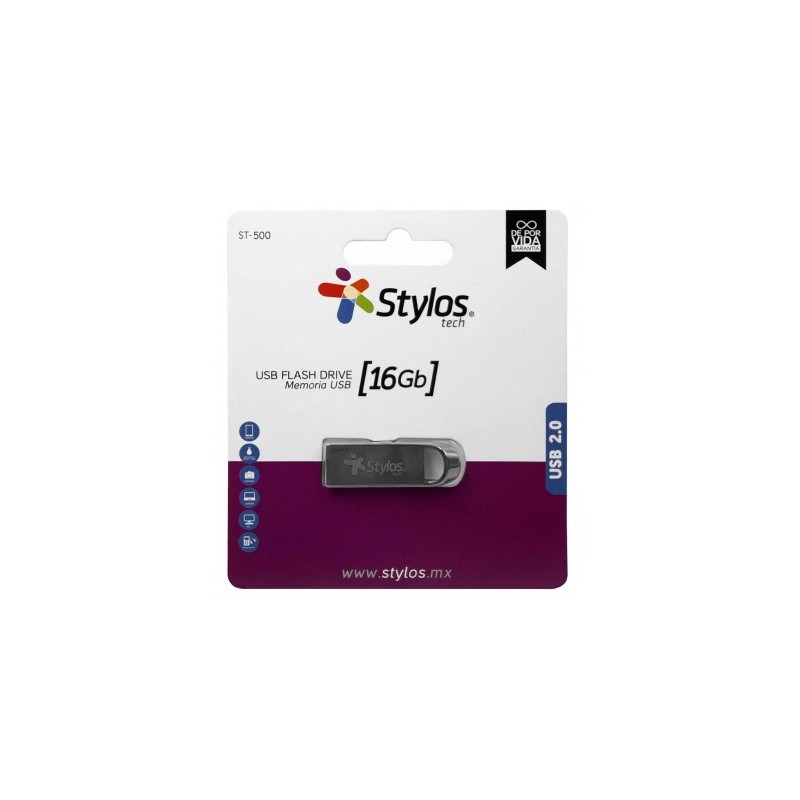 MEMORIA USB STYLOS STMUS516B 16GB ST500 USB 2.0 METAL PLATA